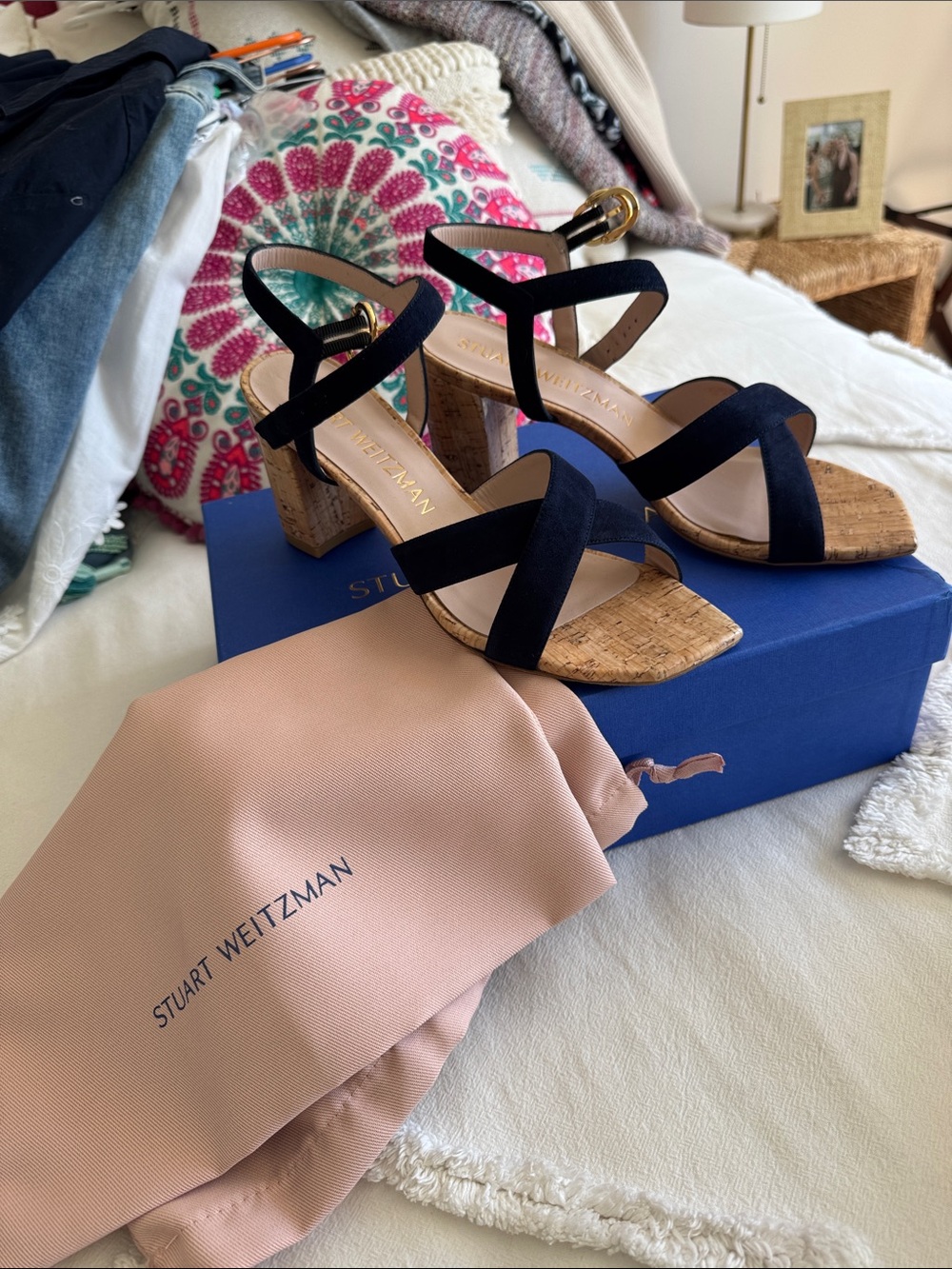 Stuart Weitzman Navy Cork Block Heel Sandals with Gold Buckle